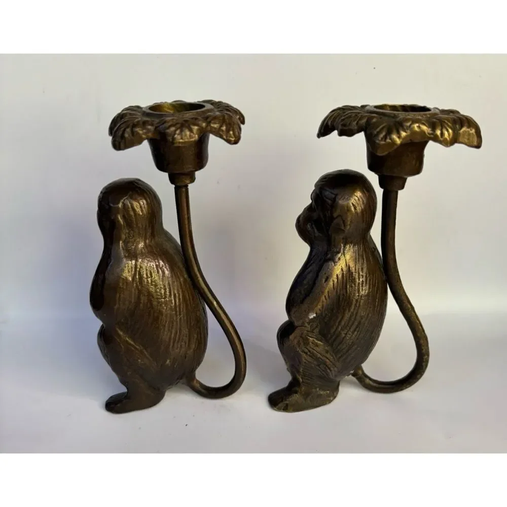 Vintage  Cast Bronze San Pacific 2 Monkey Candle Holders